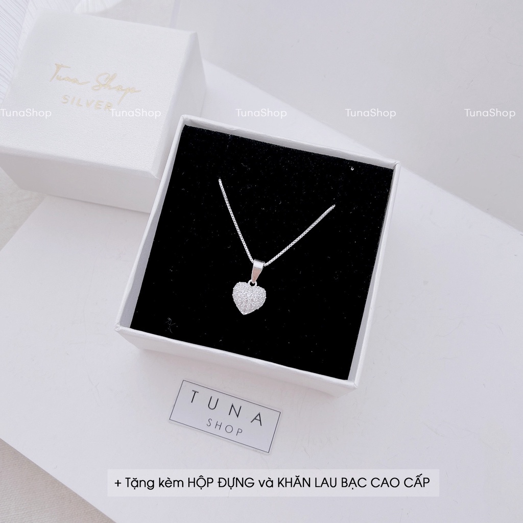 Dây chuyền Bạc gắn đá pha lê mặt trái tim, Vòng cổ đeo  Bạc cao cấp 𝐂𝐚𝐦 𝐤𝐞̂́𝐭 𝐜𝐡𝐮𝐚̂̉𝐧 𝐁𝐚̣𝐜 TUNA SILVER