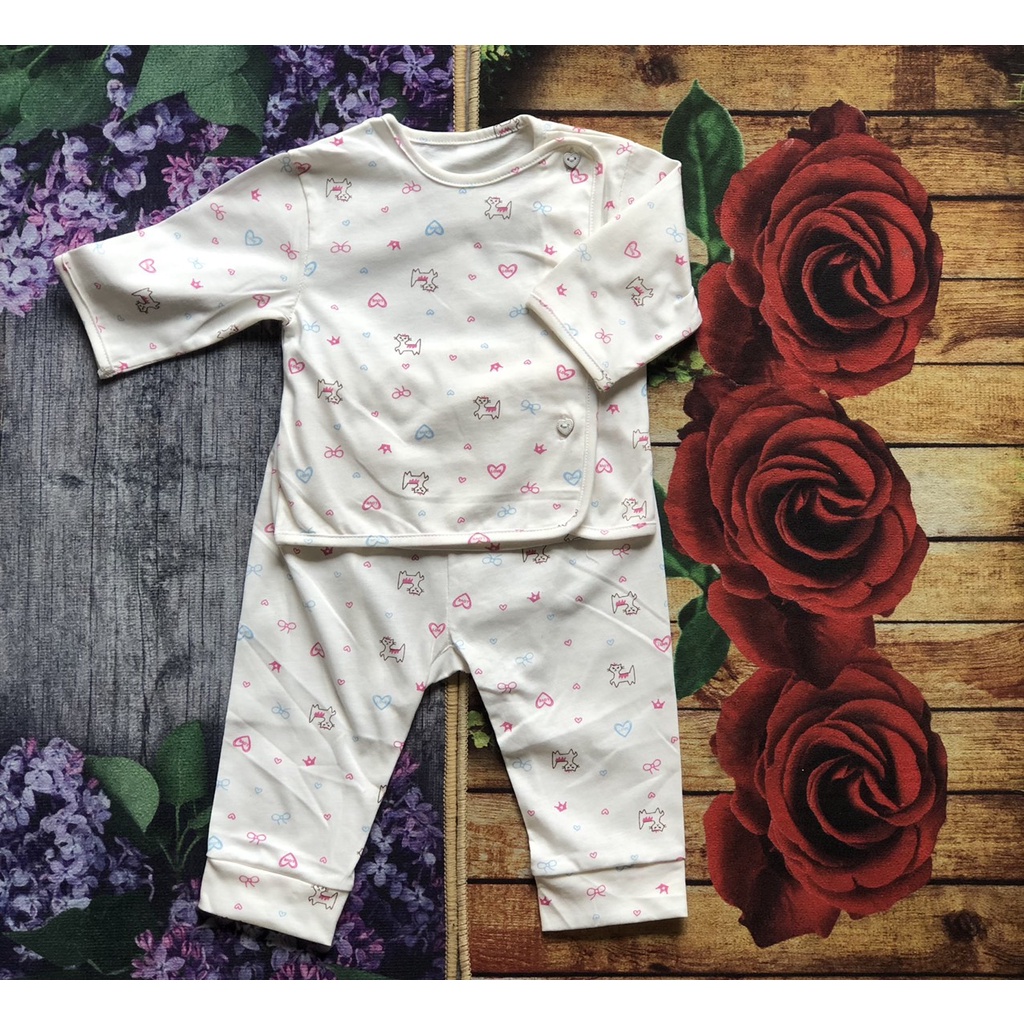 Bộ quần áo dài tay cotton xuất Hàn họa tiết mèo tim cho bé gái, bé sơ sinh