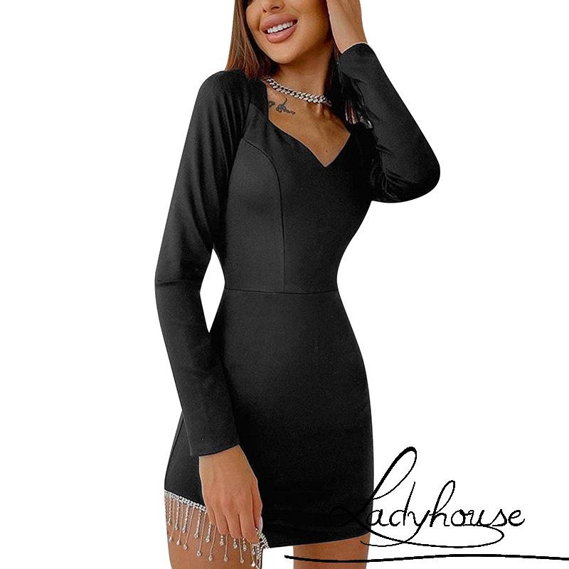 Đầm ôm dáng tay dài cổ chữ V lưng cao màu sắc thời trang cho nữ