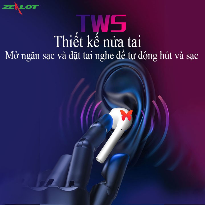 Tai nghe bluetooth không dây nhét tai Zealot cảm ứng 5.0 H20 chống mồ hôi dành cho cả nam và nữ, 1tai nghe kèm 1dock sạc