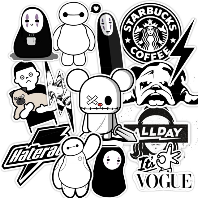 Set sticker big hero, vô diện, chó pug, local brand chủ đề trắng đen cá tính