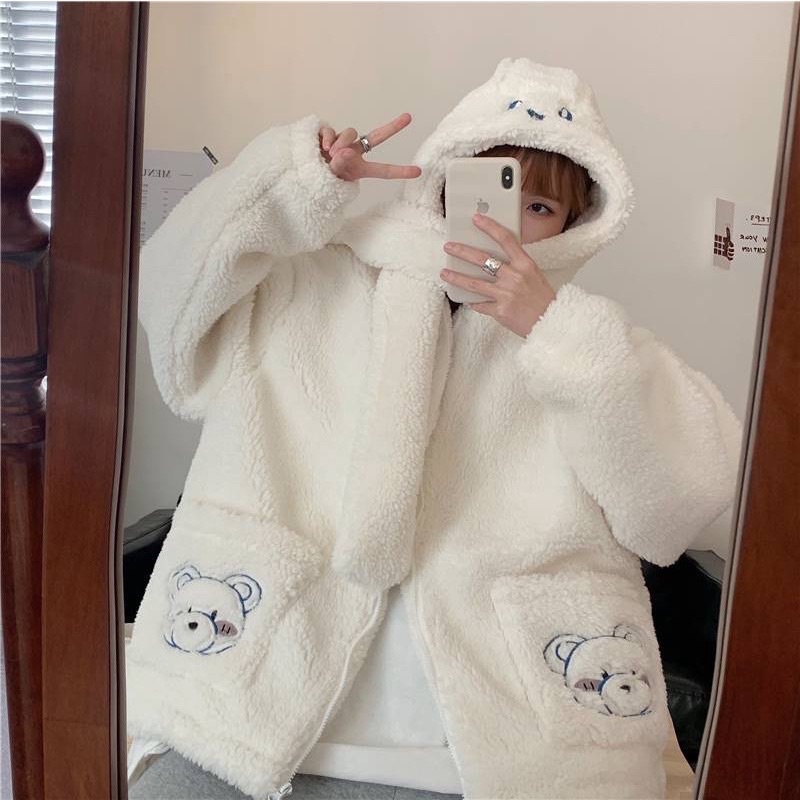 Áo Khoác Hoodie Lông Gấu Nữ Túi Mũ Khăn Xanh Trắng Dáng Rộng
