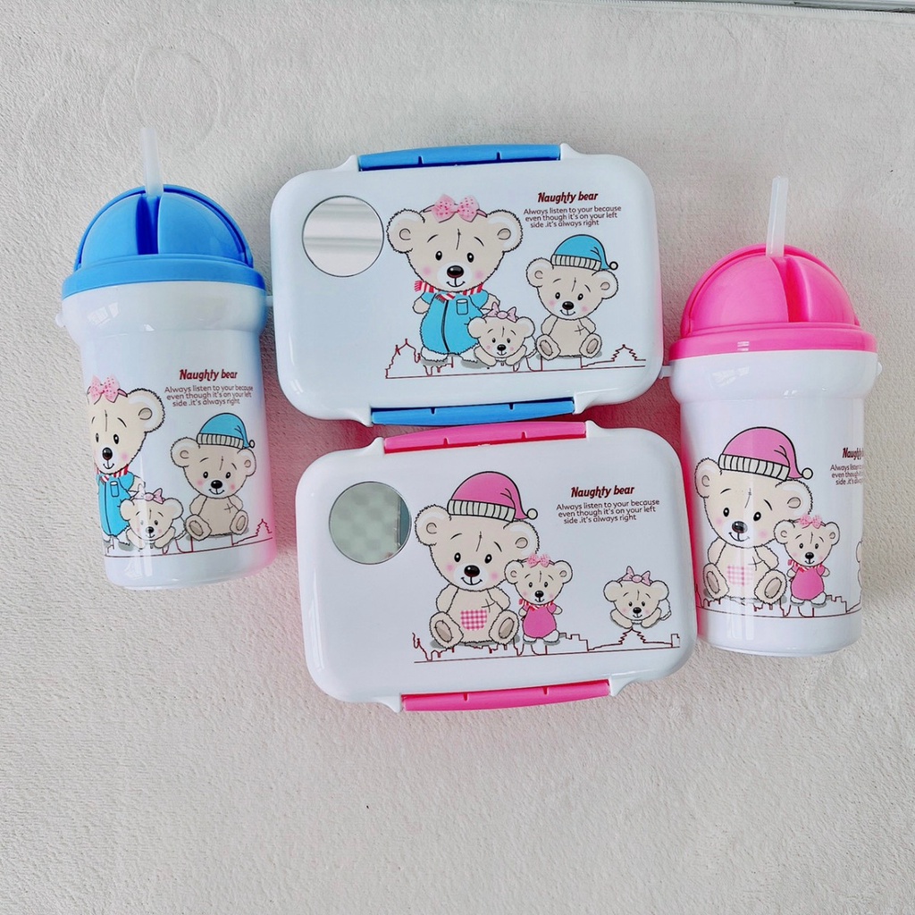 Set Hộp đựng cơm kèm bình nước hình gấu Nauhty Bear 2022 cho bé đi học cho bé trai, bé gái siêu xinh Mozio store