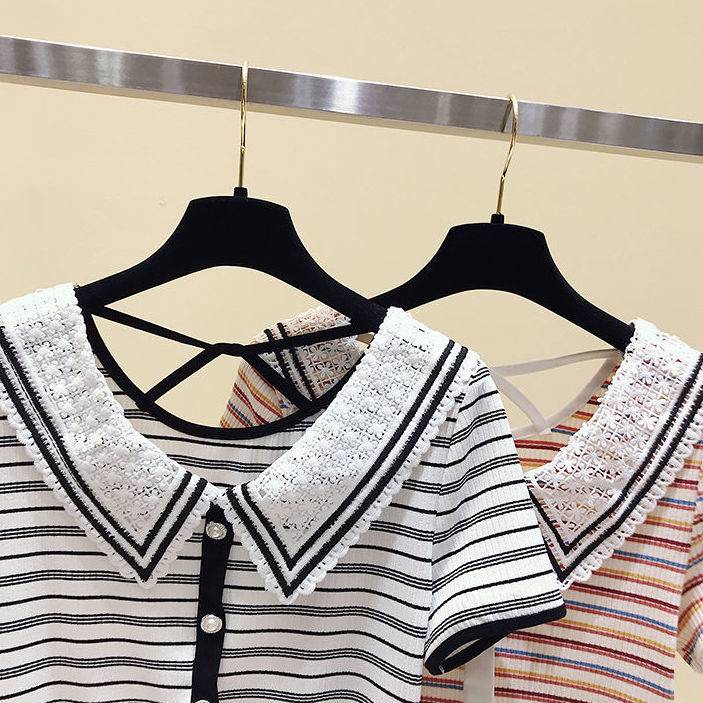 Black and white striped short-sleeved t-shirt women's lace doll collar slim slim cropped top