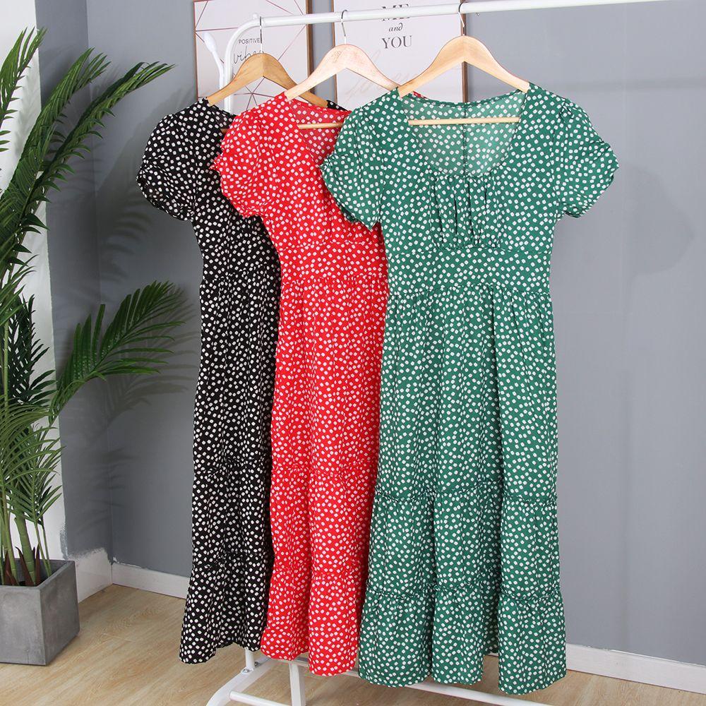 Đầm Midi Tay Ngắn Họa Tiết Chấm Bi Phong Cách Boho Thời Trang Đi Biển Cho Nữ