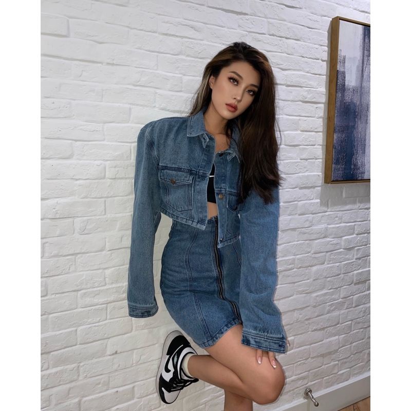 Set áo khoác jean kèm chân váy lưng cao có khóa kéo 12 ngày