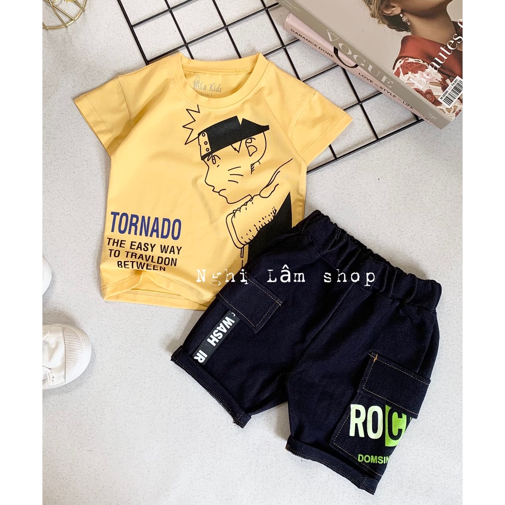 Bộ quần áo bé trai Áo thun cotton 100% co giản 4 chiều mềm mịn mát Quần thun cotton giả jean cho bé từ 8-36k