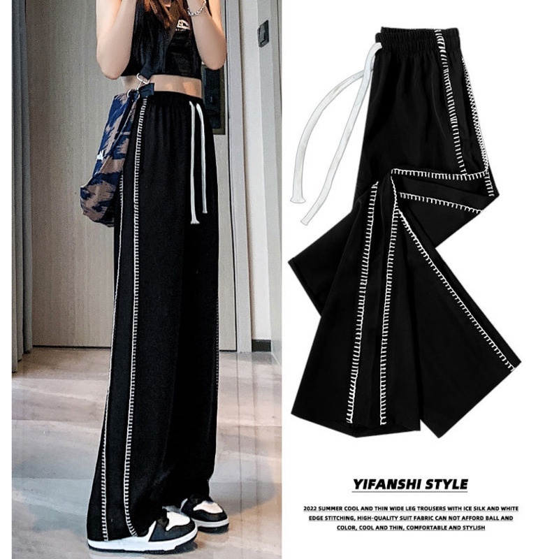 Quần Dài Ống Rộng Kẻ Sọc Hai Bên Màu Đen Thời Trang Hàn Quốc Độc Đáo