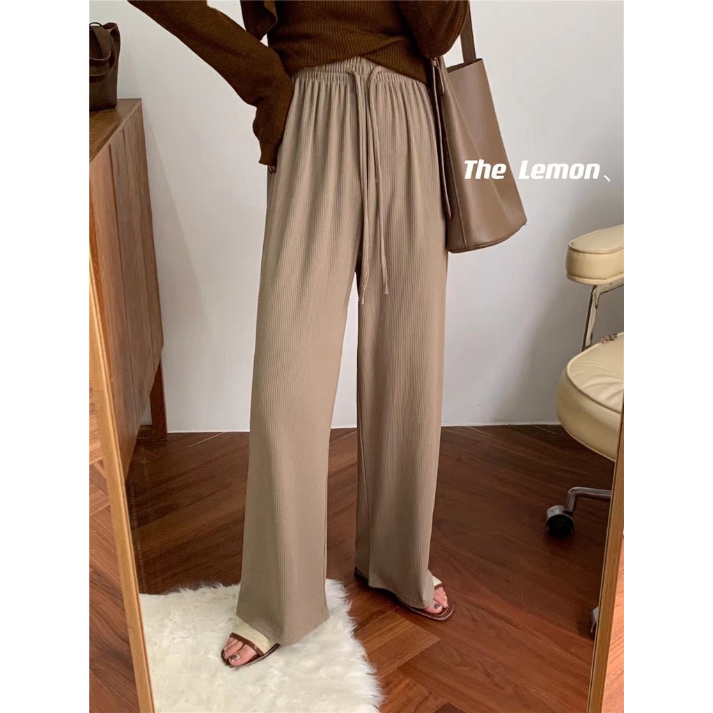 SUXI Quần Dài Lưng Cao Ống Rộng Màu Sắc Đơn Giản Phong Cách Hàn Quốc