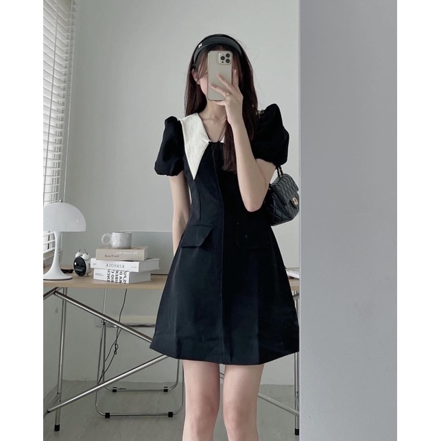 Váy cổ vạt nhọn pha trắng