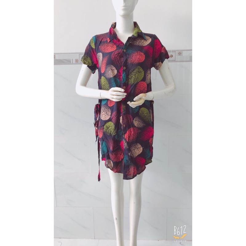 [hình thật] áo sơmi lanh dáng dài đầm sơmi kèm dây cột eo