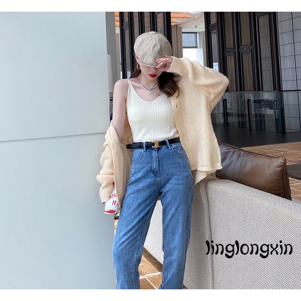 ✿Gp☾Áo Hai Dây Dệt Kim Cổ Chữ V Màu Sắc Đơn Giản Cho Nữ