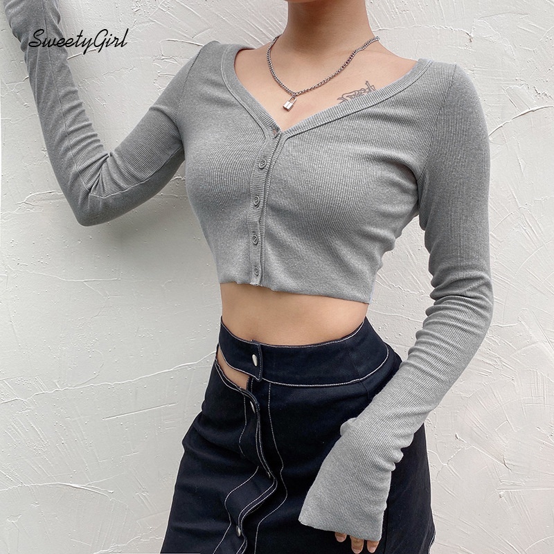Áo cardigan tay dài cổ chữ V cài nút màu trơn thời trang cho nữ