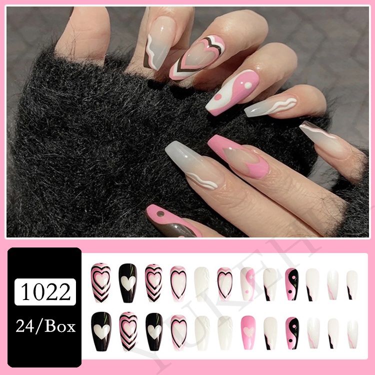 1022 bộ móng tay giả set móng giả trong suốt móng tay giả đính nơ móng tay giả dài vuông móng tay giả dài đính đá   trái tim hồng