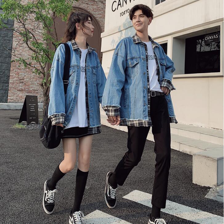 Áo Khoác Jeans Giả Hai Lớp Phong Cách Hàn Quốc Cho Cặp Đôi