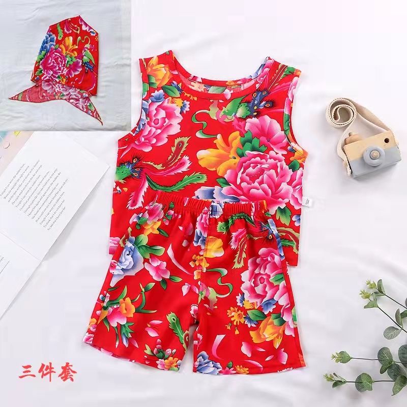 Set Áo Cộc Tay Thắt Nơ Cổ + Quần Short In Hoa Cho Bé Gái