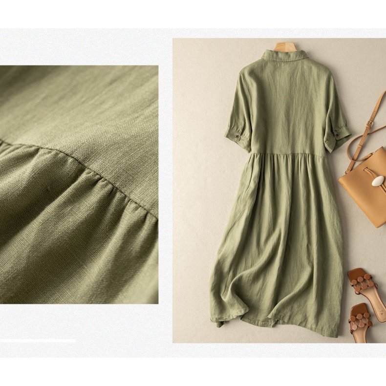 Đầm Nữ Form Suông Linen Cổ Sơ Mi Cúc Hoạ Tiết, Váy Sơ Mi Suông Chất Linen Midi Màu Vintage Da162