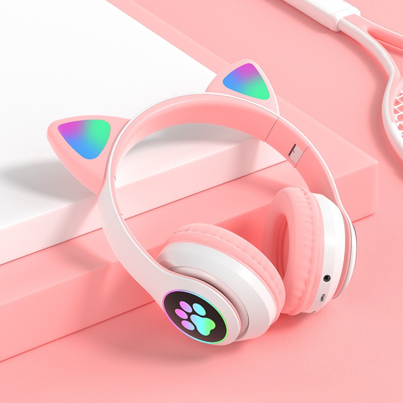 Tai Nghe Chụp Tai STN-28 / Tai Nghe Bluetooth 5.0 Mèo Cute Có Micro Chuyên Livestream LED RGB 12 Chế Độ EQ-Âm Bass Mạnh