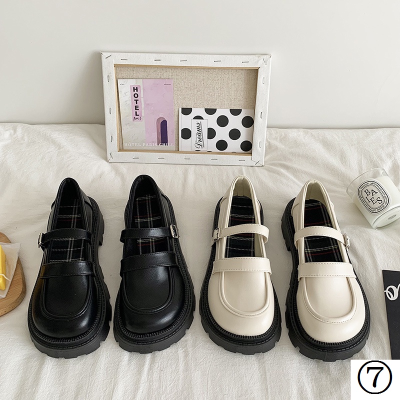 Giày Cao Gót Mũi Tròn Chất Liệu Da Phong Cách Retro Nhật Bản