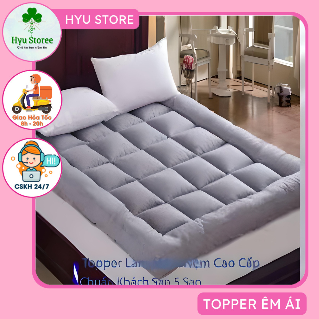 Nệm topper dày 7cm đường viền kiểu mới cực rẻ nhiều size 1m 1m2 1m4 1m6 1m8 màu xám decor phòng ngủ sản phẩm đã nâng cấp