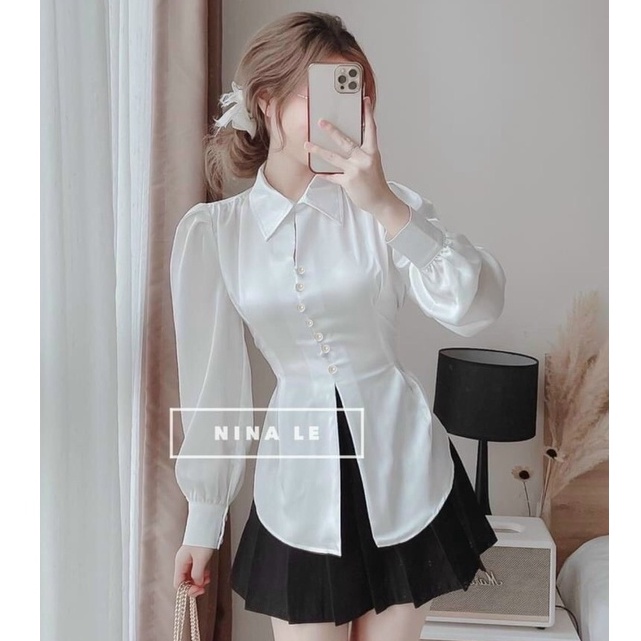 Áo sơ mi lụa nữ xẻ tà thắt nơ lung cúc ngọc sơ mi kiểu nữ cao cấp