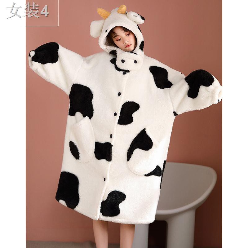 Coral nhung váy ngủ nữ áo choàng tắm dài mùa đông cộng với dày sinh hoạt hình bộ đồ bò dễ thương có thể mặc v