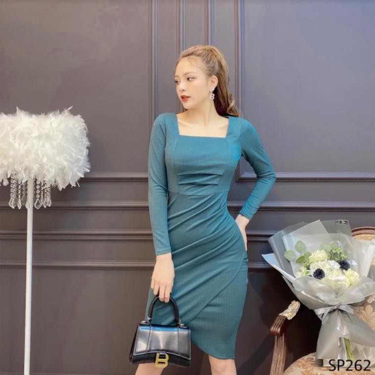 ADIOS Váy nhũ sạn cổ vuông vạt xếp, đầm công sở sang trọng, quyến rũ SP262 | BigBuy360 - bigbuy360.vn