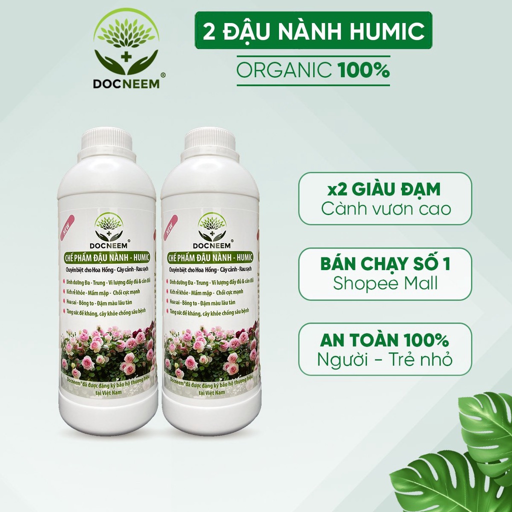 Combo phân bón hữu cơ đậu nành trứng chuối humic DOCNEEM kích mầm, chồi, hoa chuẩn form trên hoa hồng 2 Lít