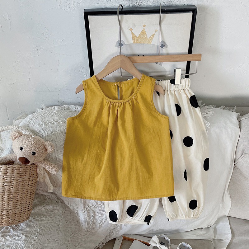 Se7en Bộ Quần Áo Mùa Hè Không Tay Giản Dị Hàn Quốc + Quần Chấm Bi Cho Bé Gái