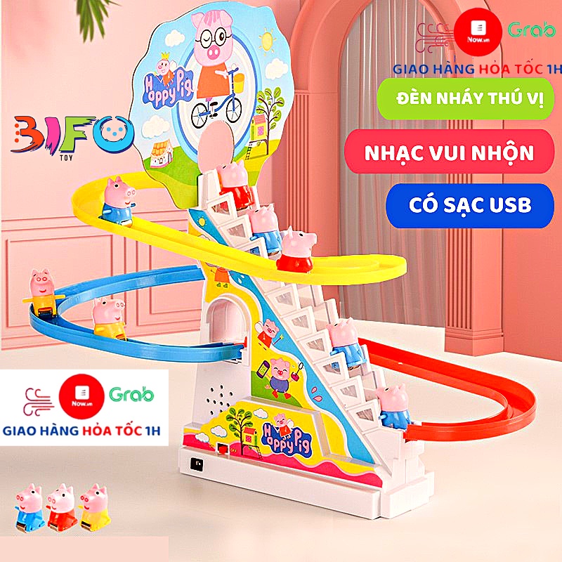 Đồ chơi Poli, heo Peppa, tàu lượn leo cầu thang có đèn có nhạc cho bé