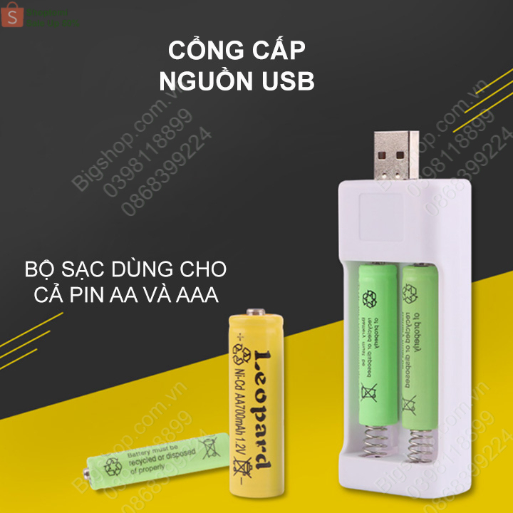 Bộ 2 pin sạc AA hoặc AAA kèm Bộ sạc pin đôi cổng USB (Hàng có sẵn)
