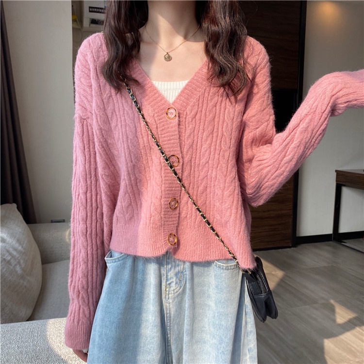 Áo khoác cardigan ZHELIHANGFEI dệt kim tay dài cổ chữ V dễ phối đồ sành điệu