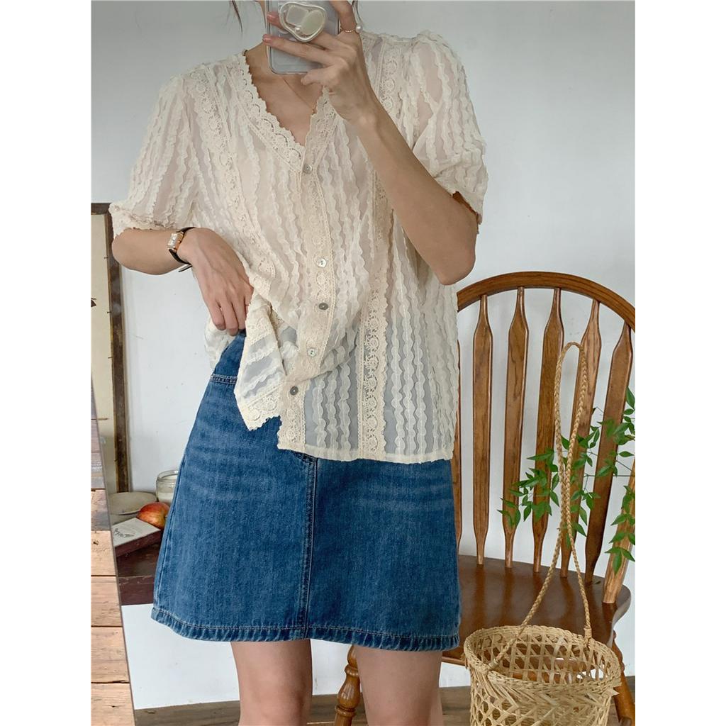 Áo Chiffon Tay Ngắn Phối Ren Trong Suốt Phong Cách Hàn Quốc 54869