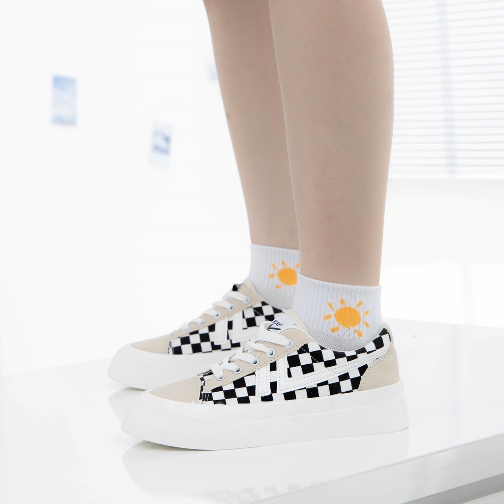 Giày MWC 0639 - Giày Thể Thao Nữ, Sneaker Da Đế Bánh Mì Họa Tiết Sọc Caro Thời Trang