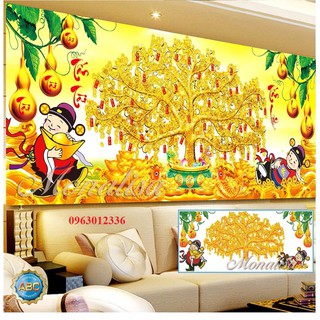 tranh đính đá cao cấp thần tài cây kim tiền kt 130x60cm