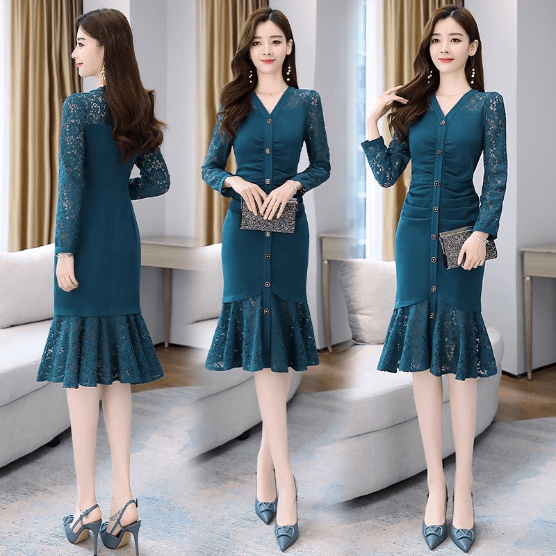 Đầm body dự tiệc phối ren đính nút sang chảnh nổi bật cho quý cô/ có size 70KG LANA FASHION
