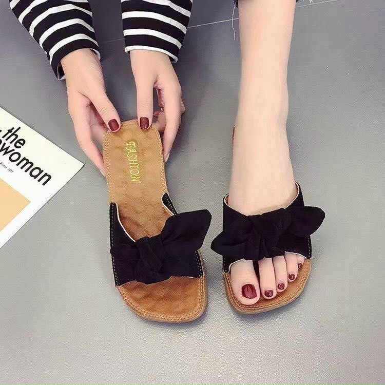 Dép Nữ quai mềm có nơ 3 màu Vàng Hồng Nhạt Đen cực đẹp hàng trung