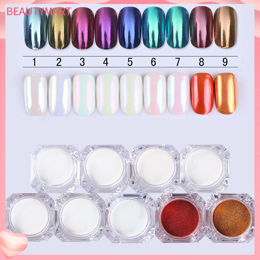Bột Tráng Gương 9 Màu Kèm Cọ Tự Trang Trí Móng Tay Nghệ Thuật