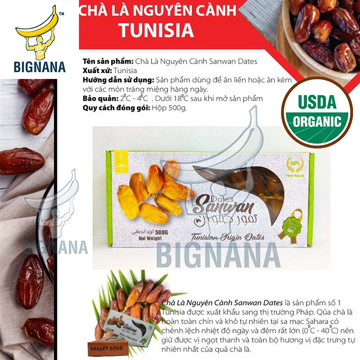 Hàng Air Cao Cấp, Chà Là Nguyên Cành Sấy Dẻo Dates Sanwan Tunisia Hộp 500gr Cải Thiện Tiêu Hóa