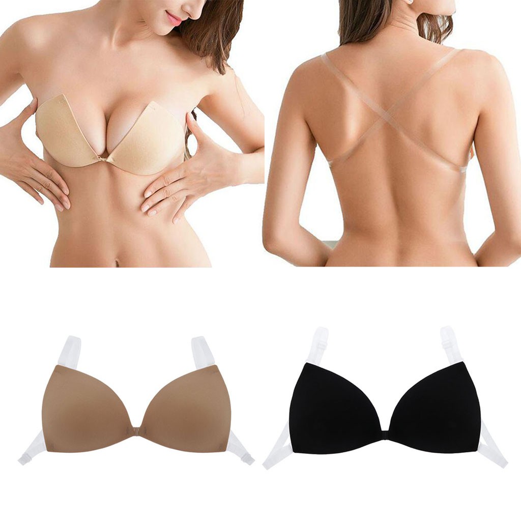 Stick On Pushup Strapless Backless Invisible Bra w/ Clear Strap Skin Color Cup C