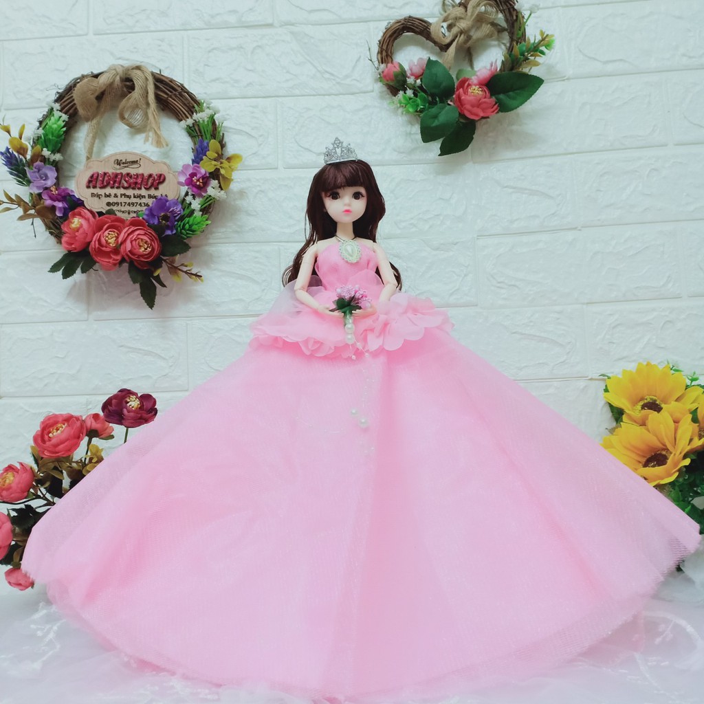 Mẫu váy cưới búp bê 30cm ren hoa hồng