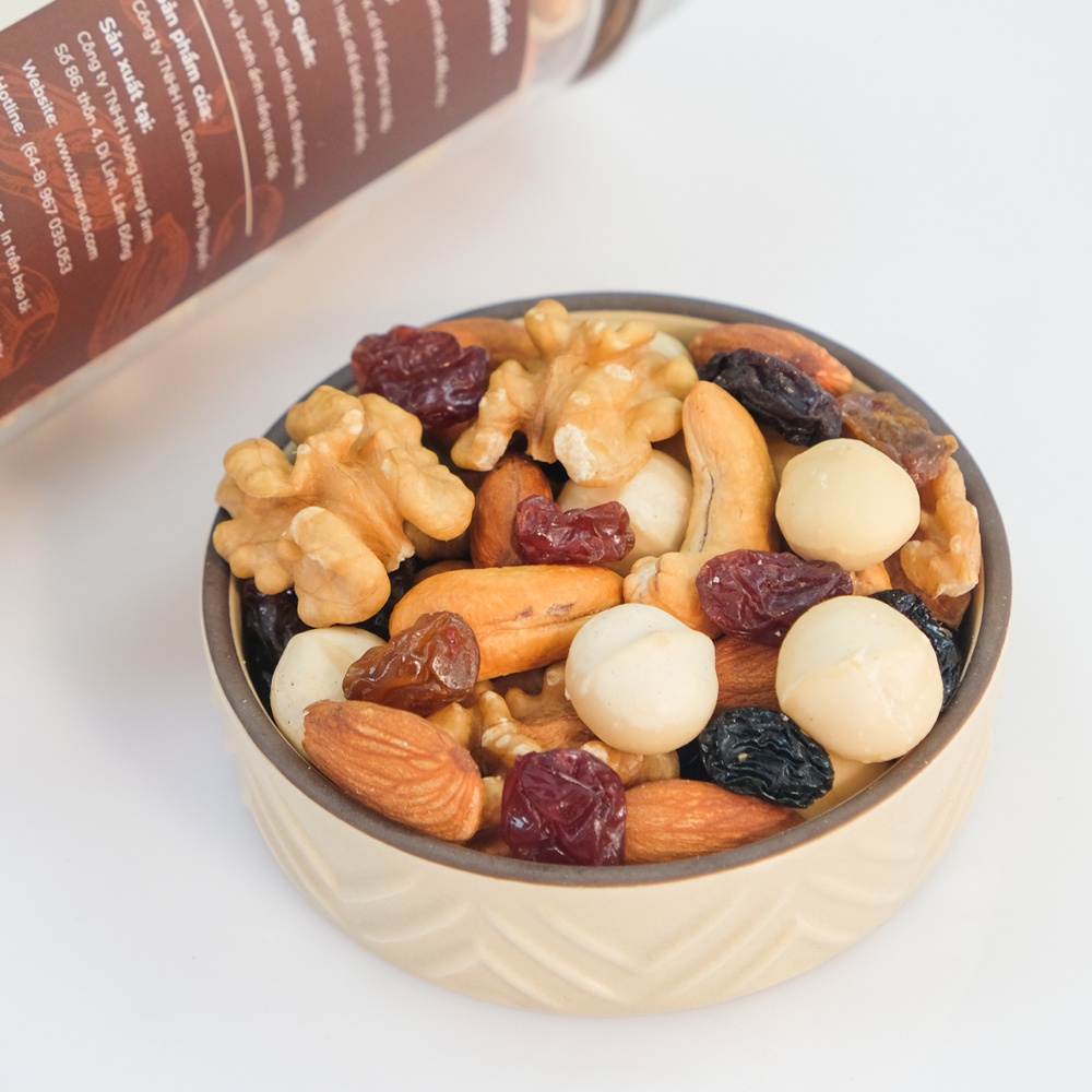 Hạt mix dinh dưỡng 5 loại Raisins hạt macca, óc chó, hạnh nhân, hạt điều, nho khô