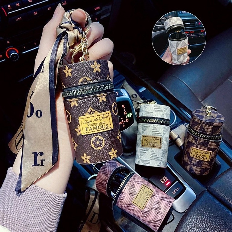 Túi đựng son môi mini bằng da buộc khăn lụa có móc khoá thời trang