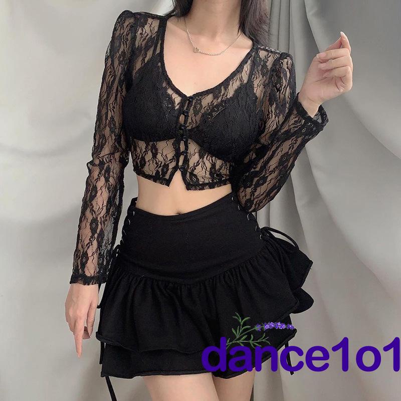 Áo croptop tay dài cổ chữ V phối ren quyến rũ dành cho nữ