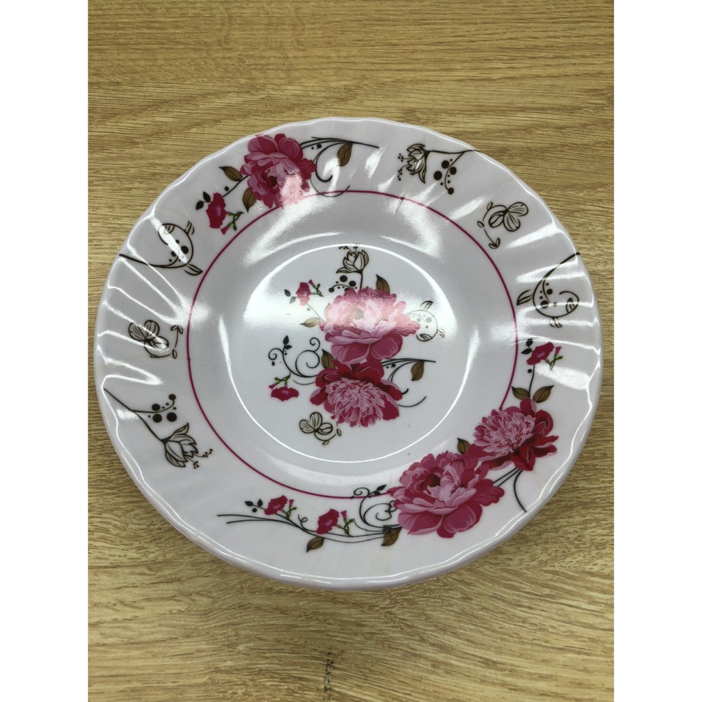 dĩa melamine tròn 17 cm sâu hoa văn bông nền màu trắng ( 1 cái )