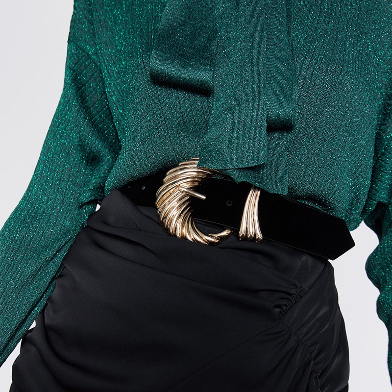 Thắt Lưng Da Pu Màu Đen Khóa Vàng Phong Cách Vintage Cho Nữ