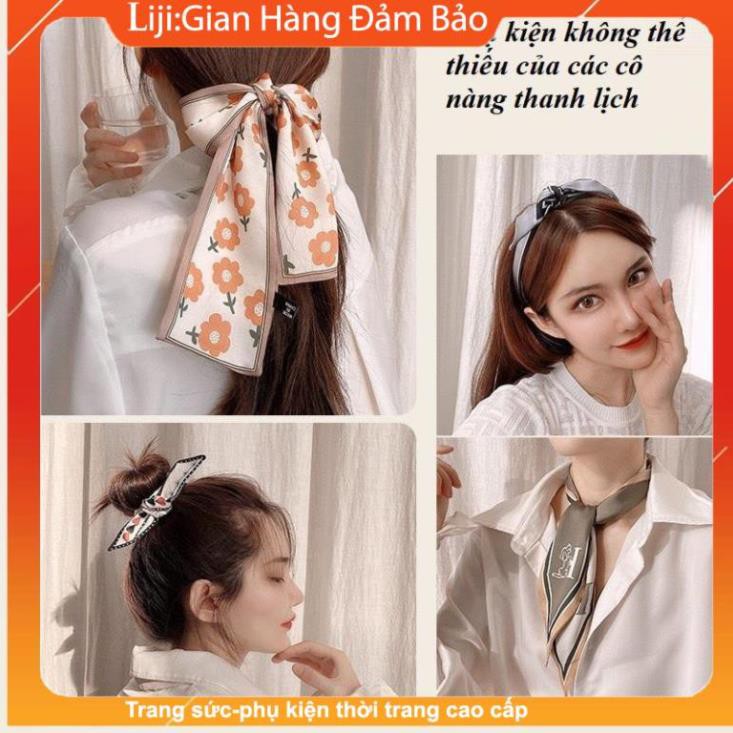 Khăn lụa turban - Khăn turban dài lụa satin cao cấp, họa tiết sang trọng, quàng cổ, buộc tóc, ... phong cách Hàn Quốc