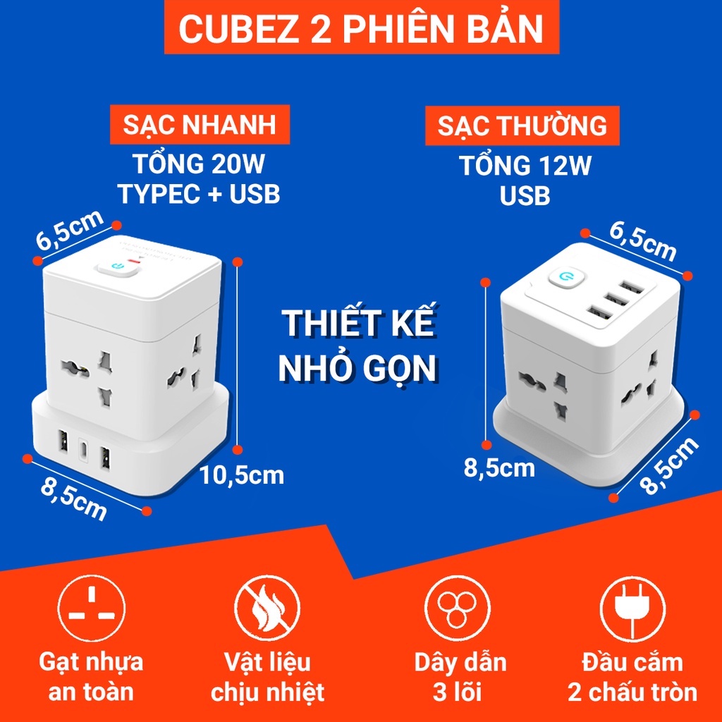 [Quà Tặng] Ổ cắm điện đa năng shoptida có sạc nhanh PD 20W cổng USB + typeC, 4-6 lỗ cắm tải 2500W