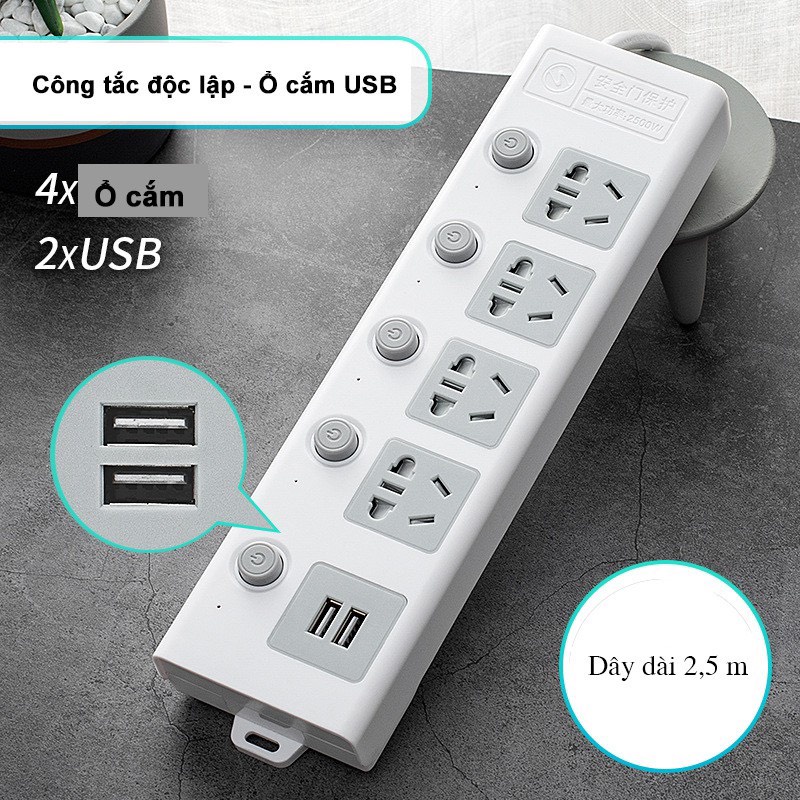 Ổ cắm điện đa năng thông minh 2 cổng USB 5v sạc nhanh, ổ chịu tải 2500W, tiết kiệm 30 kilowatt giờ dây nối.