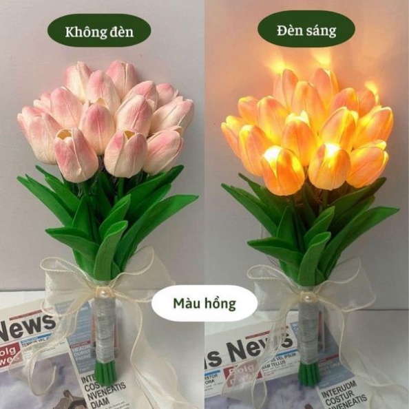 Bó 10 cành hoa tuylip đèn LedFREESHIPHoa phát sáng,Hoa lụa giả kèm nơ xinh Decor trang trí nhà cửa siêu xinh